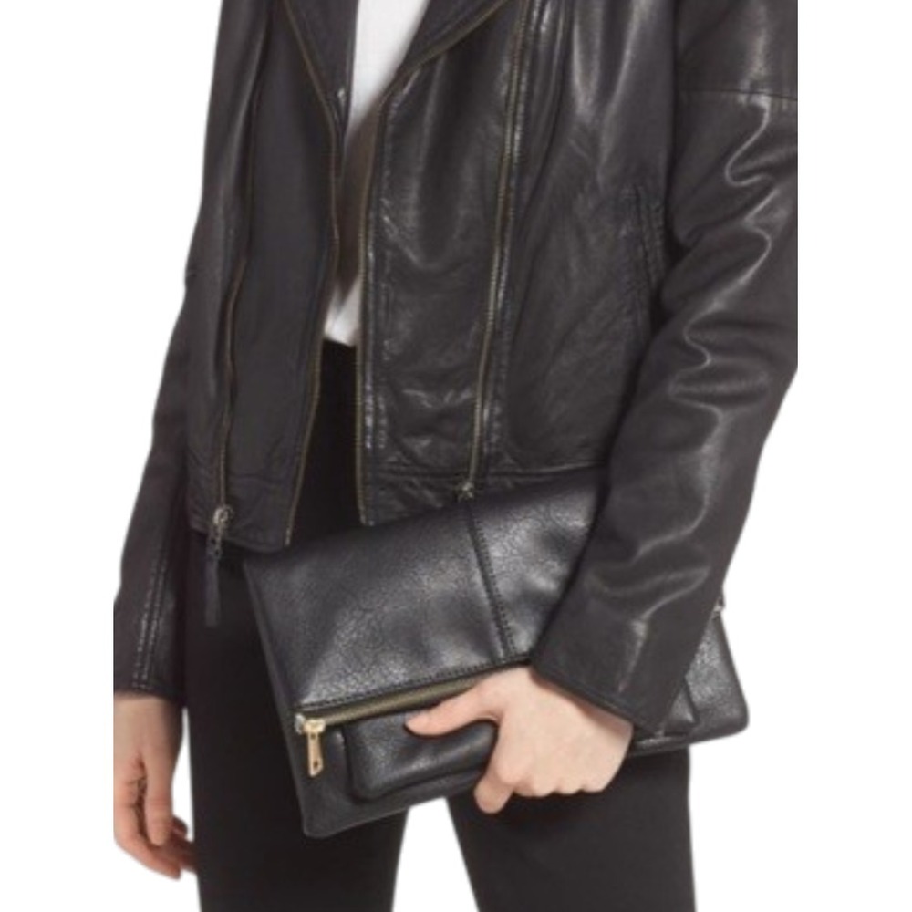 Sole Society Lalet Fold Over Vegan Leather Clutch Zip Top Closure Black‎